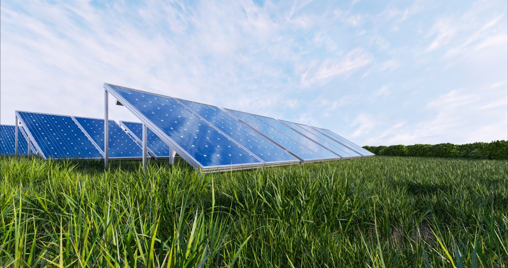 Solar power panel on sky background.